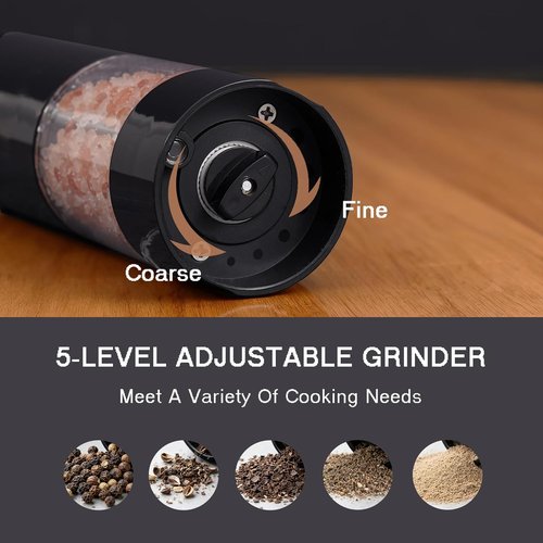 Fresh World Electric Salt and Pepper Grinder Set - Rechargeable, LED Light, Adjustable Coarseness | Black, 2-Pack