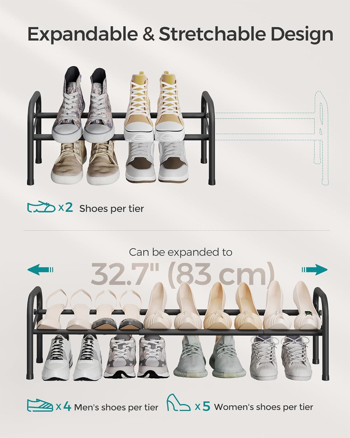 SONGMICS Expandable Shoe Rack - Adjustable 1 Tier Organizer for 10 Pairs - Metal Free Standing, Ink Black