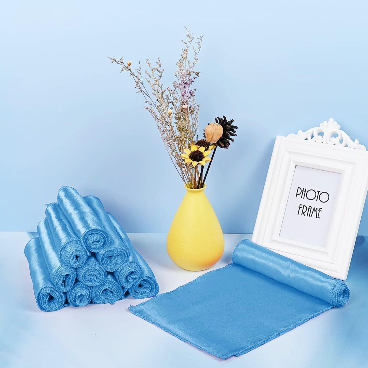 Light Blue Satin Chair Sashes 10-Pack - 7x108 Inch Adjustable Wedding & Party Bows