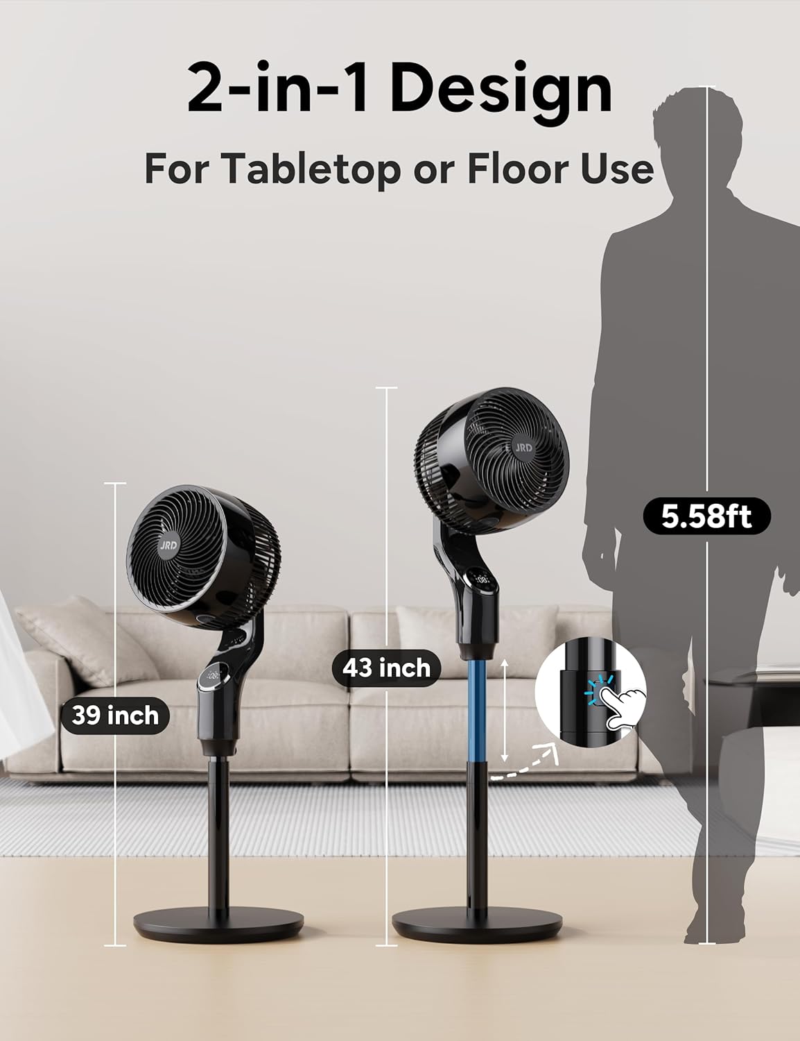 JRD Oscillating Standing Fan - 70° Quiet Pedestal Fan with Remote & 32 Wind Speeds | Adjustable 39-43" Height