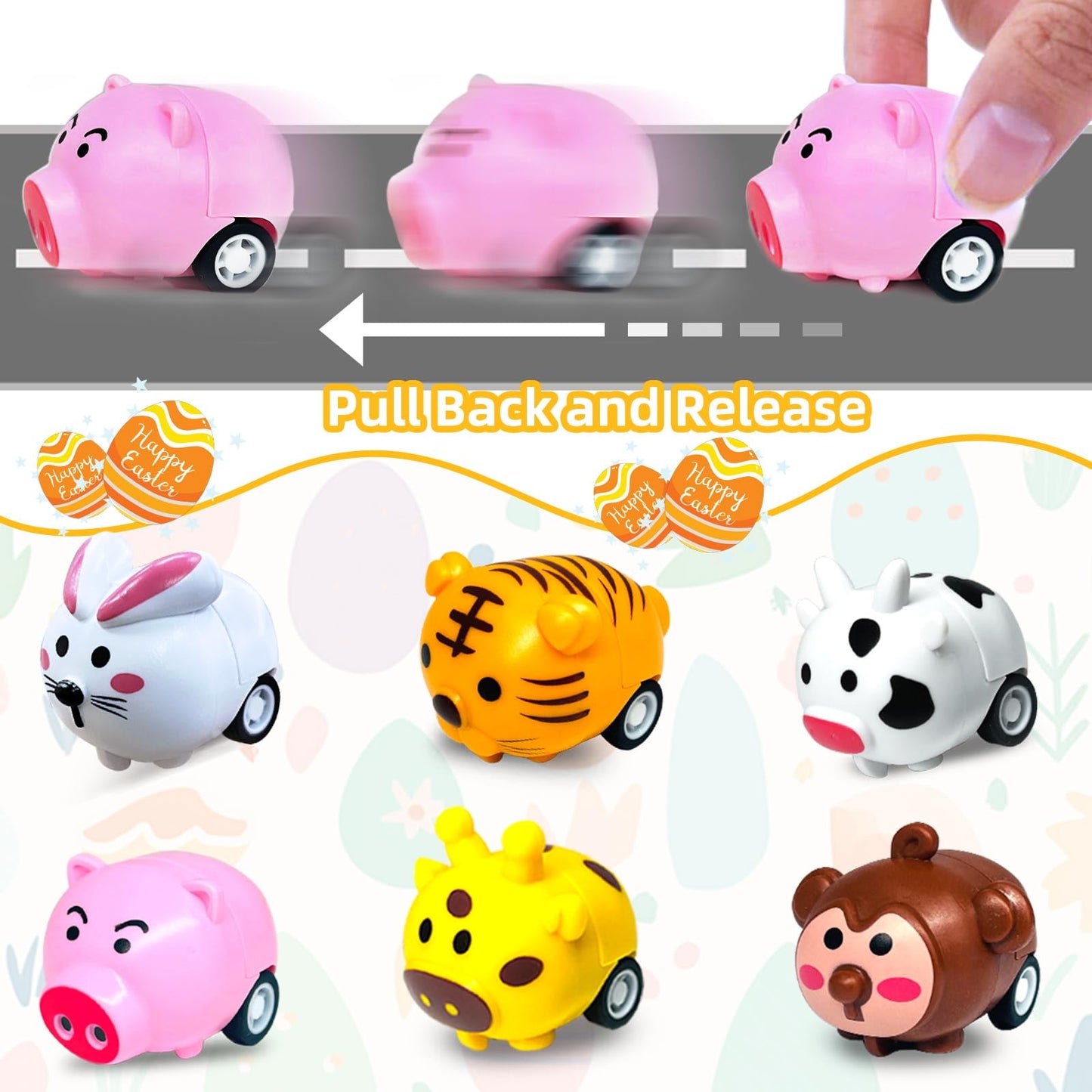 12 Pack Filled Easter Eggs with Toys Inside, Animals Bunny Pull Back Cars Easter Eggs Filled for Kids Boys Girls Easter Egg Hunt Party Favors Easter Basket Stuffers Essential Filler Classroom Prize