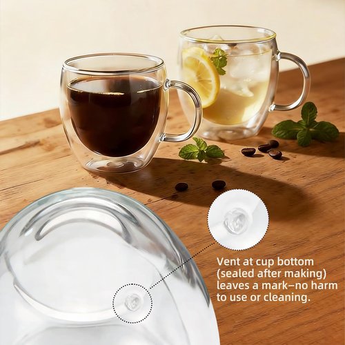 guuminsting Double Wall Insulated Espresso Shot Cups 5.4 OZ Set of 2, Small Clear Borosilicate Glass Demitasse Coffee Mugs with Handles