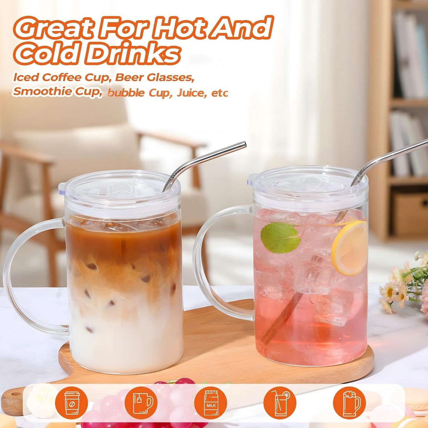 Sieral 2 Pack 33.8 oz Glass Tumbler with Straw and Lid Large Glass Cup with Handles Iced Coffee Glasses Reusable Drinking Glasses Set for Iced Coffee Smoothies Drink Juice for Birthday Valentine Gift