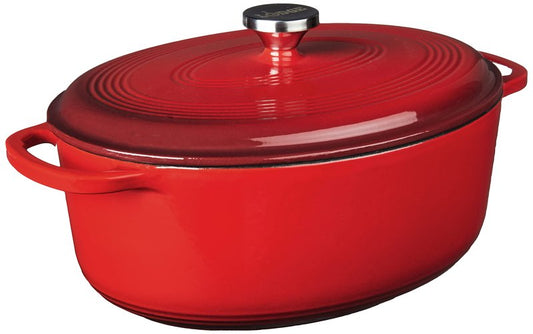 Lodge 7 Quart Enameled Cast Iron Oval Dutch Oven with Lid – Dual Handles – Oven Safe up to 500° F or on Stovetop - Use to Marinate, Cook, Bake, Refrigerate and Serve – Red