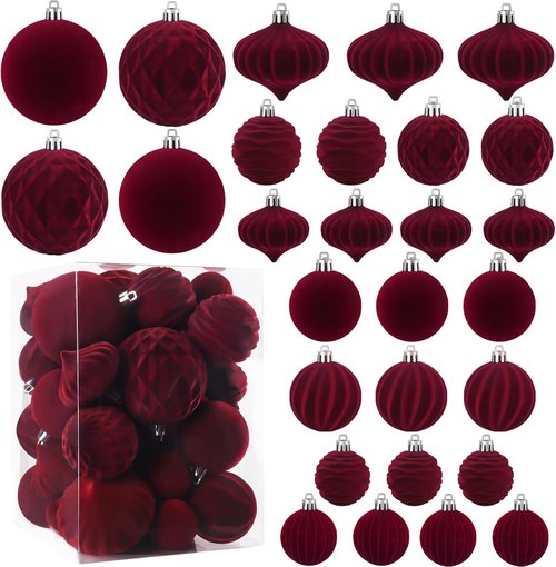Celltestria Velvet Christmas Balls - 28PCS Flocked Shatterproof Burgundy Ornaments for Holiday Decor