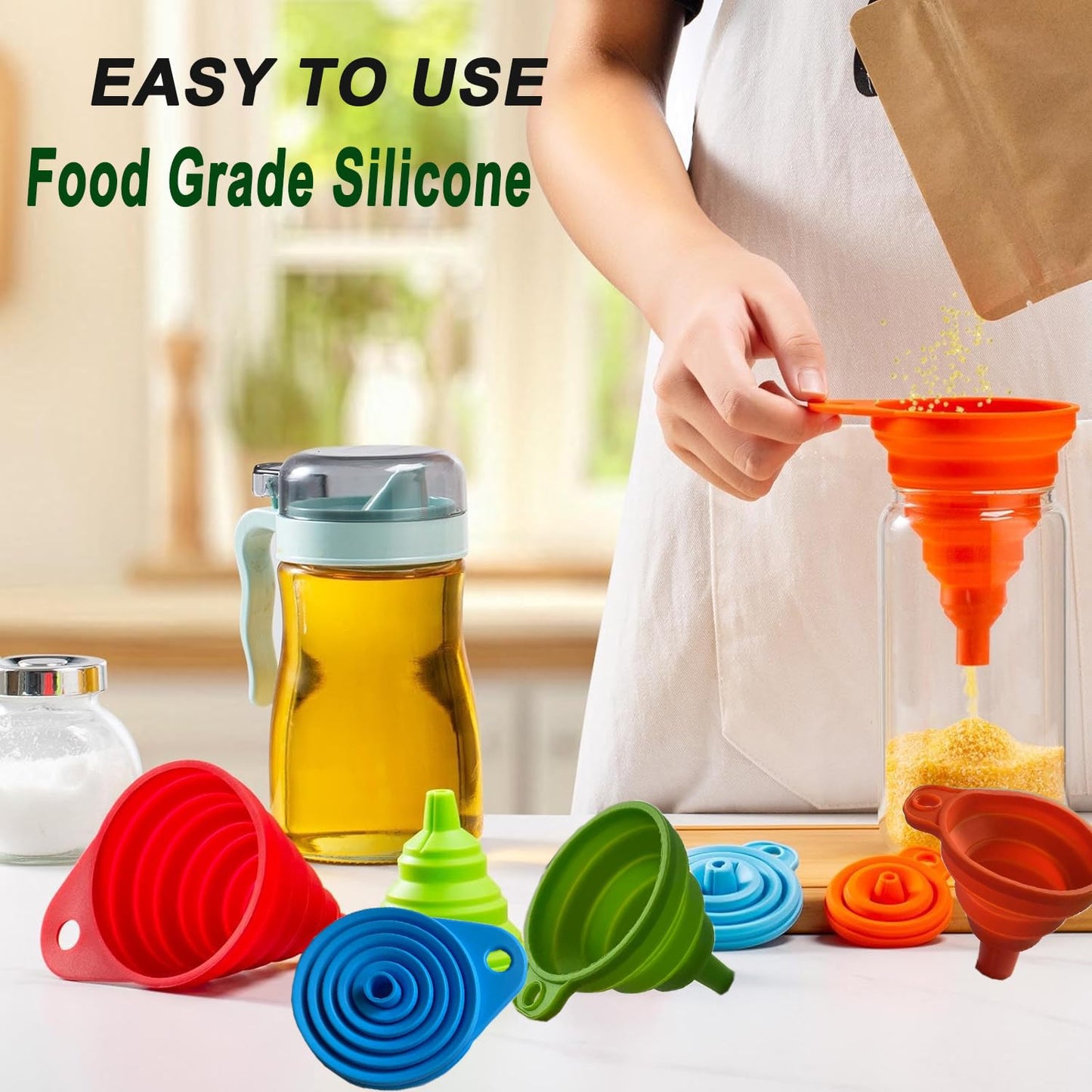 Skiennix Kitchen Funnel Set - 6-Piece Silicone Collapsible Funnels for Easy Liquid & Powder Transfer