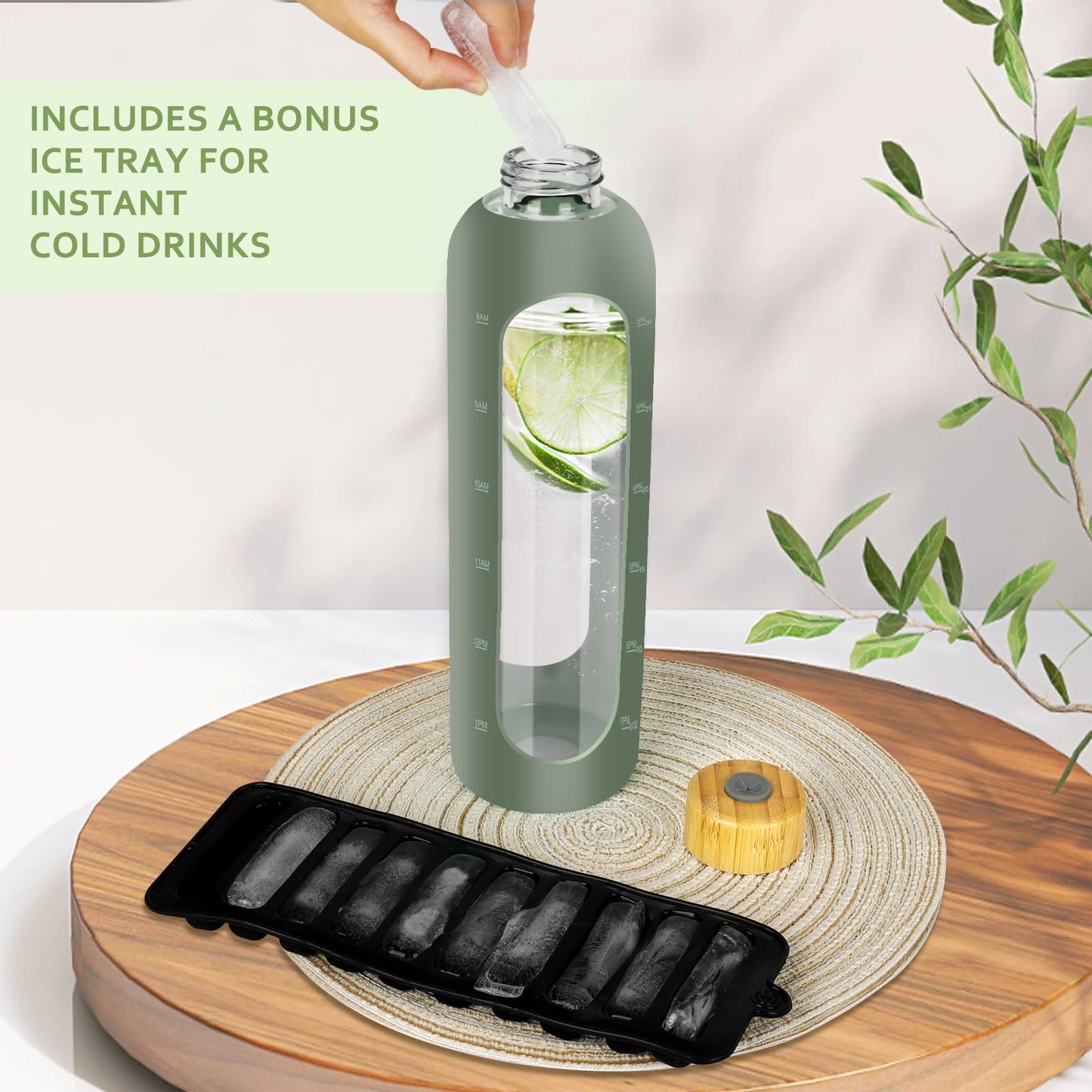 OxyFlask Glass Water Bottles 32 oz - Motivational Drinking Glass Water Bottle with Silicone Sleeve, Straw & 2 Bamboo Lids - 1 Liter Clear Borosilicate Daily Intake Tumbler with Time Marker - Olive