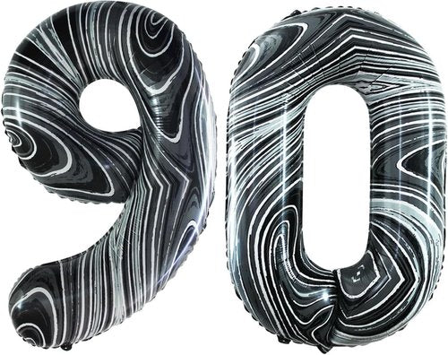 GOER 90th Birthday Balloons - 42 Inch Jumbo Marble Black Foil Helium Decorations
