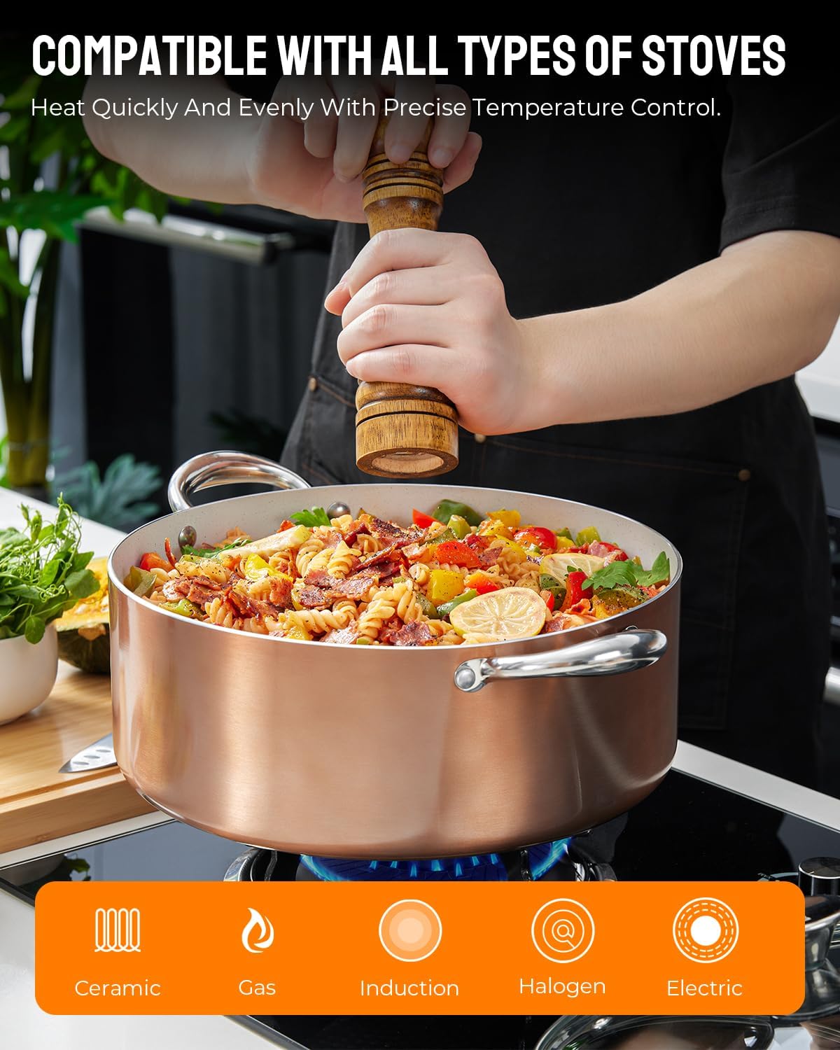 BEZIA Large 10 Quart Nonstick Cooking Pot with Lid, Induction Stock Pot, Soup Pot for All Stovetops, Non-toxic and Oven Safe, PFOA PFAS Free, Golden