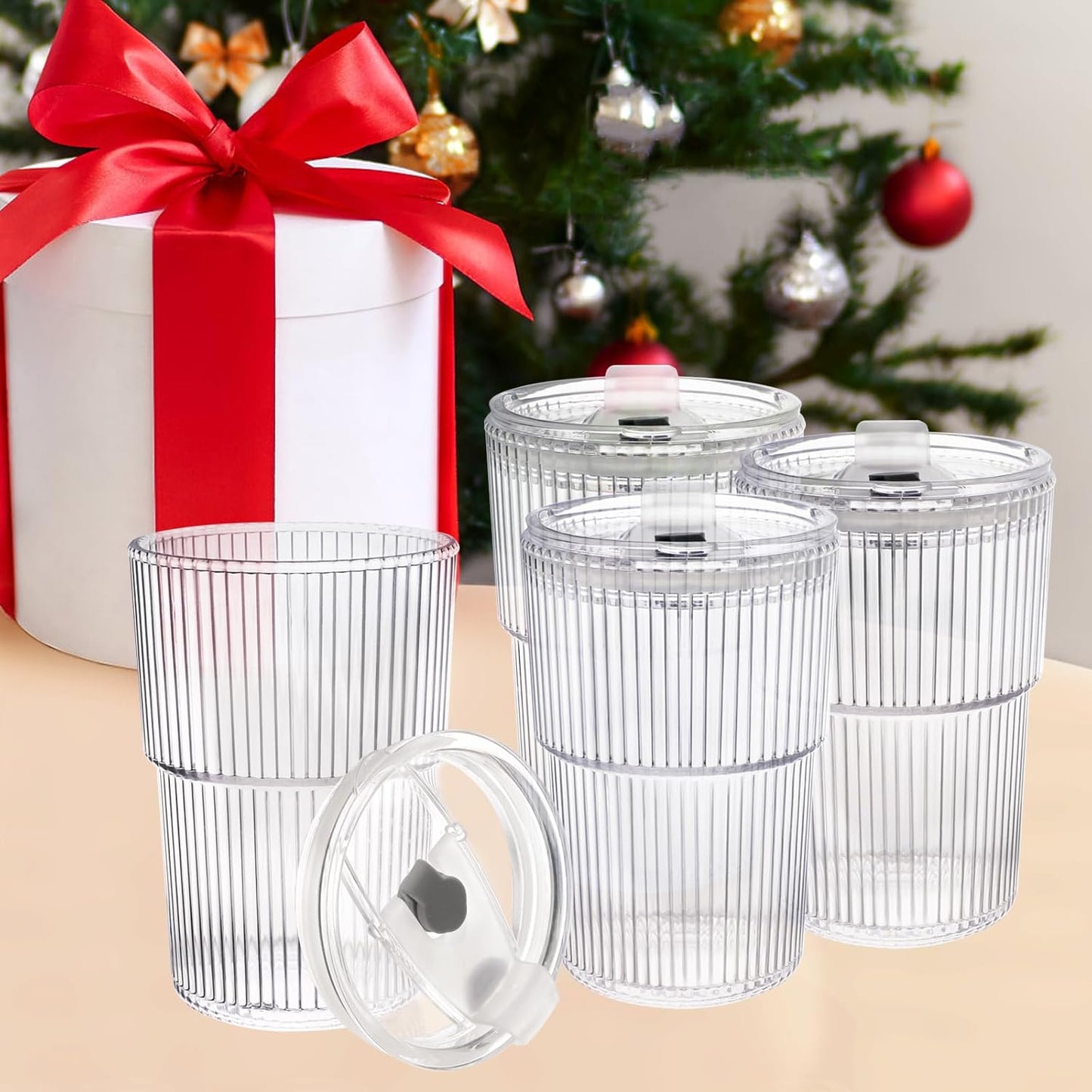 Skiennix 16 OZ Iced Coffee Cups - Unbreakable Reusable Plastic Glasses with Lids & Straws | BPA Free, Dishwasher Safe, Set of 4