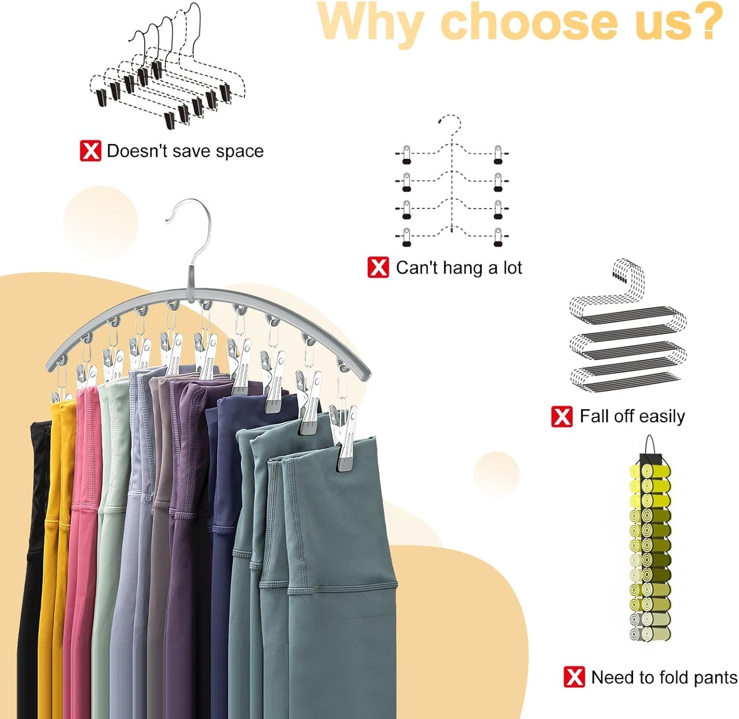 Volnamal Legging Organizer - Space-Saving Metal Yoga Pants Hanger | 2-Pack with 10 Clips, Grey