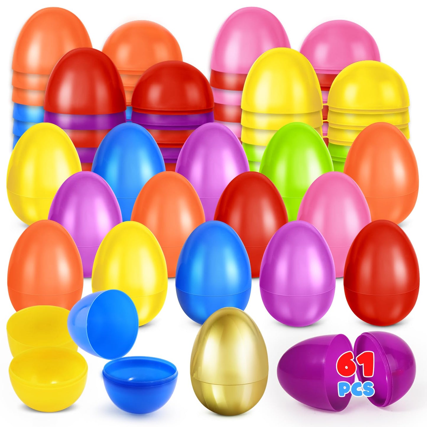 SpringFlower 61 PCS 2.3" Plastic Easter Eggs With Golden Easter Eggs, Empty Easter Eggs Fillable, Colorful Bright Plastic Eggs Bulks for Easter Hunt, Easter Basket Stuffers, Easter Party Favor