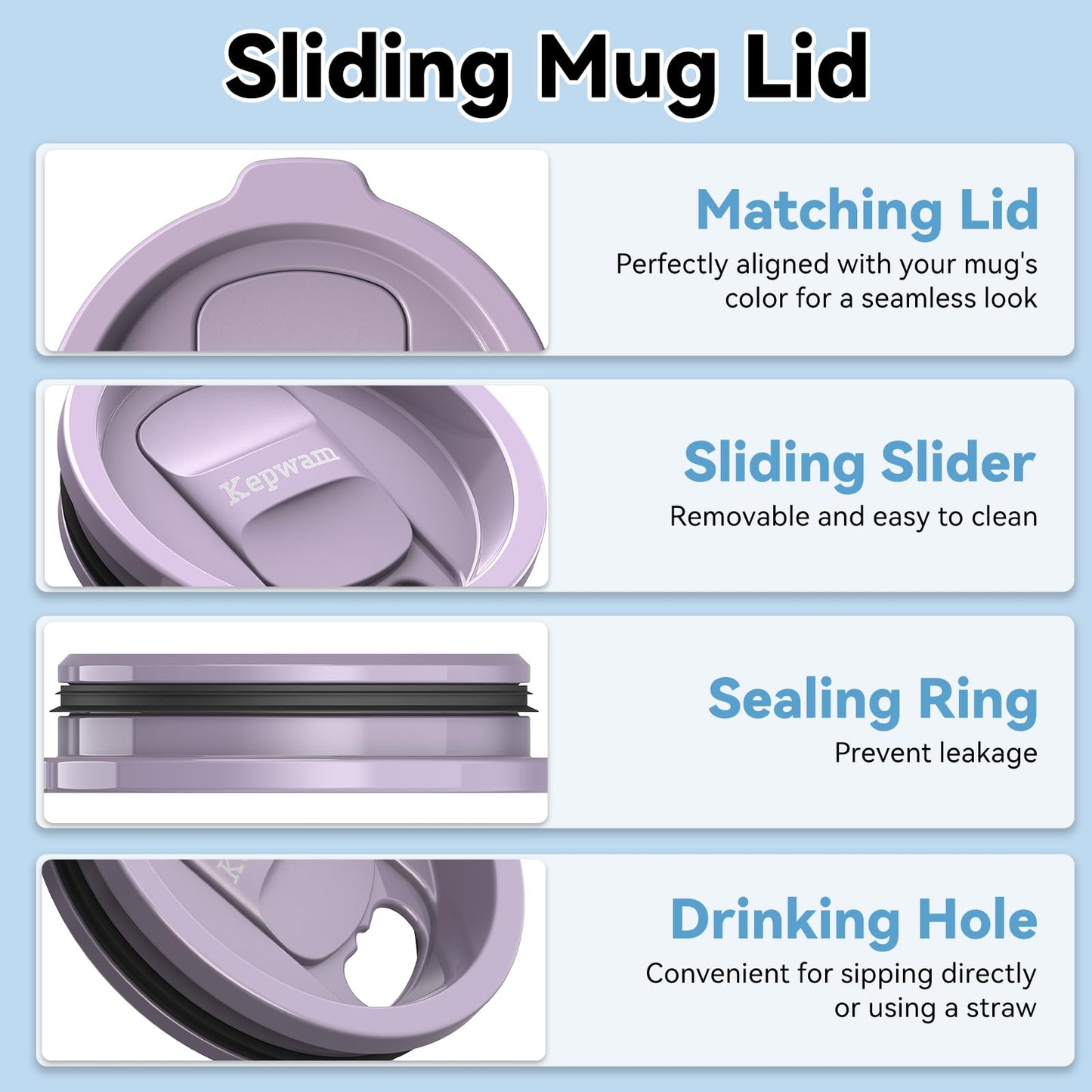 Kepwam Replacement Spill-Resistant Sliding Lid for Kepwam Self Heating Coffee Mug – BPA-Free, Easy to Use & Clean, Compatible with T1, T2 & T2 Plus Smart Mugs (Lilac Violet)