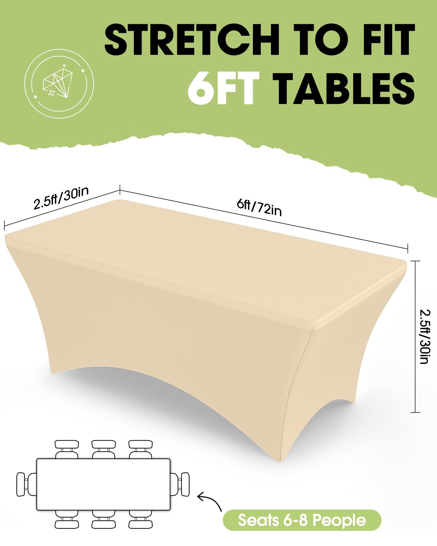 Pureegg Spandex Tablecloth 6ft - 2 Pack, Fitted and Tight Cloth for Rectangle Table, Wrinkle-Free and Stretch Table Cover for Party, Wedding, Banquet and Birthday, Champagne