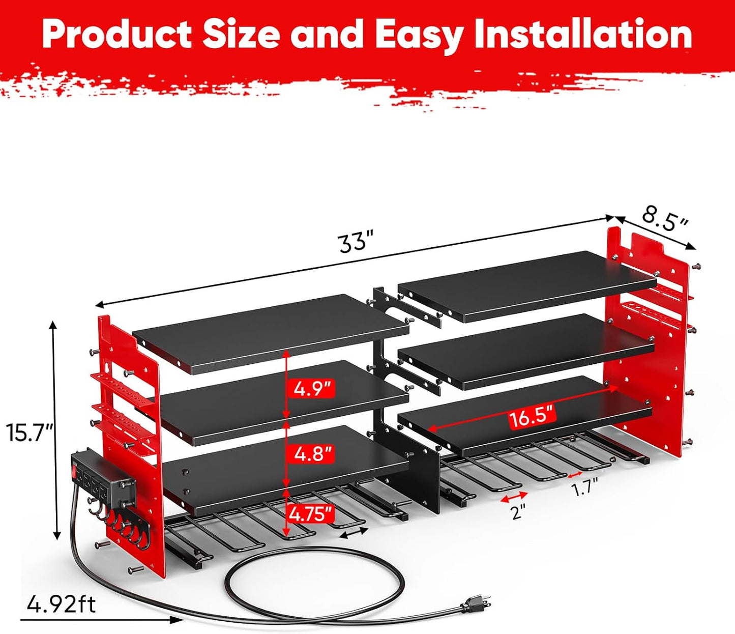 POKIPO Large Power Tool Organizer - Heavy Duty Wall Mount Storage Shelf with Charging Station | 600lbs Capacity, 4 Outlet Power Strip, 8 Drill Holders