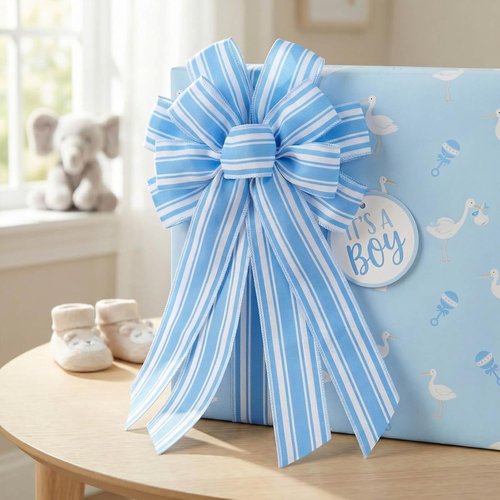Blue White Striped Wreath Bow - Large 20x11 Inch Premade Baby Shower Decor for Front Door