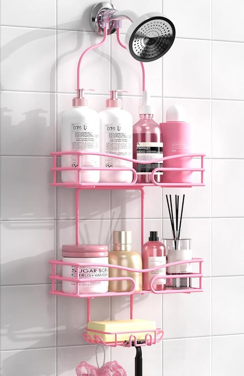 DAOYA Pink 3-Tier Shower Caddy - Overhead Bathroom Organizer with Soap Holder & 6 Hooks