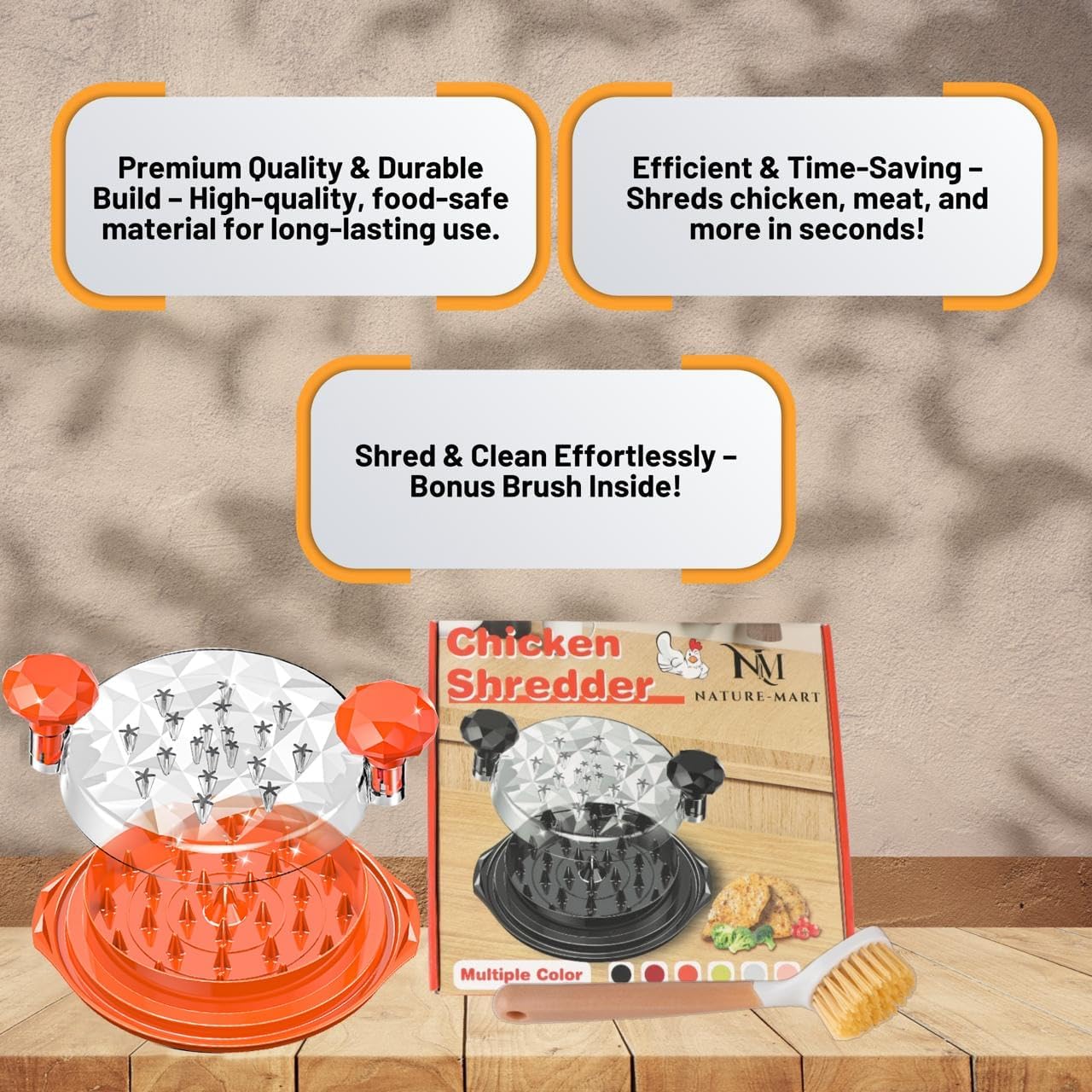 Skiennix Chicken Shredder - Ergonomic Tool for Effortless Meat Shredding | BPA-Free, Eco-Friendly, Orange