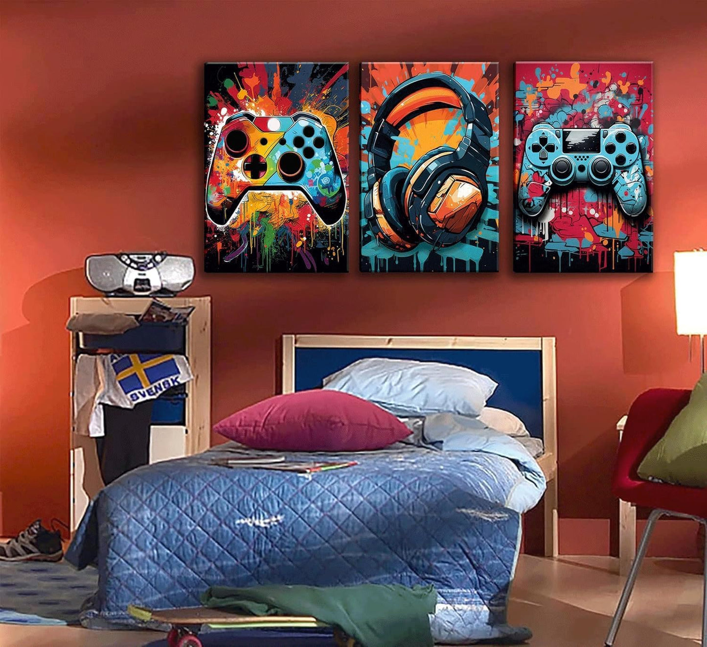 Skiennix Retro Video Game Wall Art - Colorful Neon Gamepad Canvas Prints | 3-Piece Set, 12x16in for Kids' Rooms
