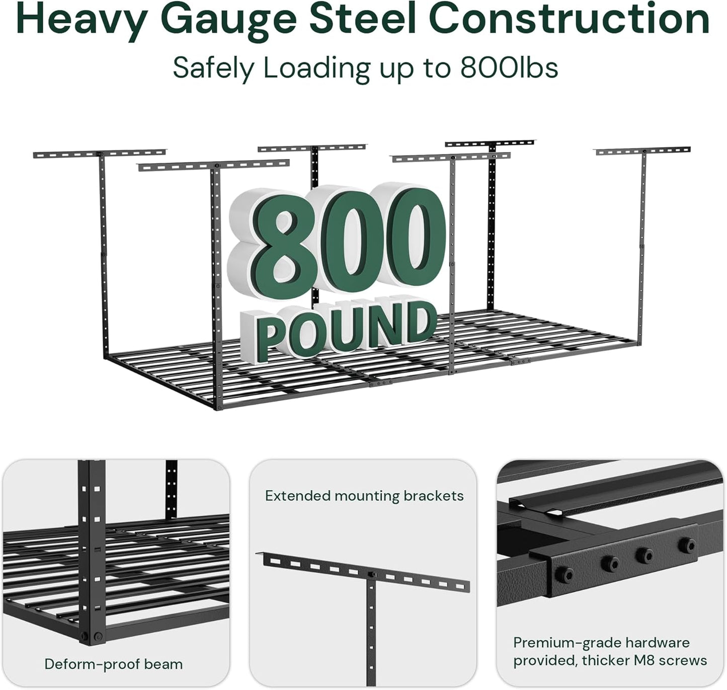 SunsGrove Overhead Garage Storage Rack - Adjustable Ceiling-Mounted, 800LBS Capacity, Hammertone Black