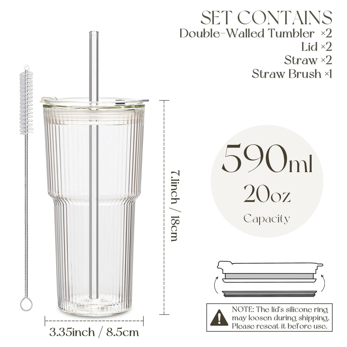 KEMORELA Iced Coffee Cups with Lids 20oz Ribbed Double Wall Glass Cups with Lids and Straws 2PCS, Coffee Bar Accessories， Insulated Borosilicate Glass Tumblers, To Go Coffee Cups, Spill proof tumbler