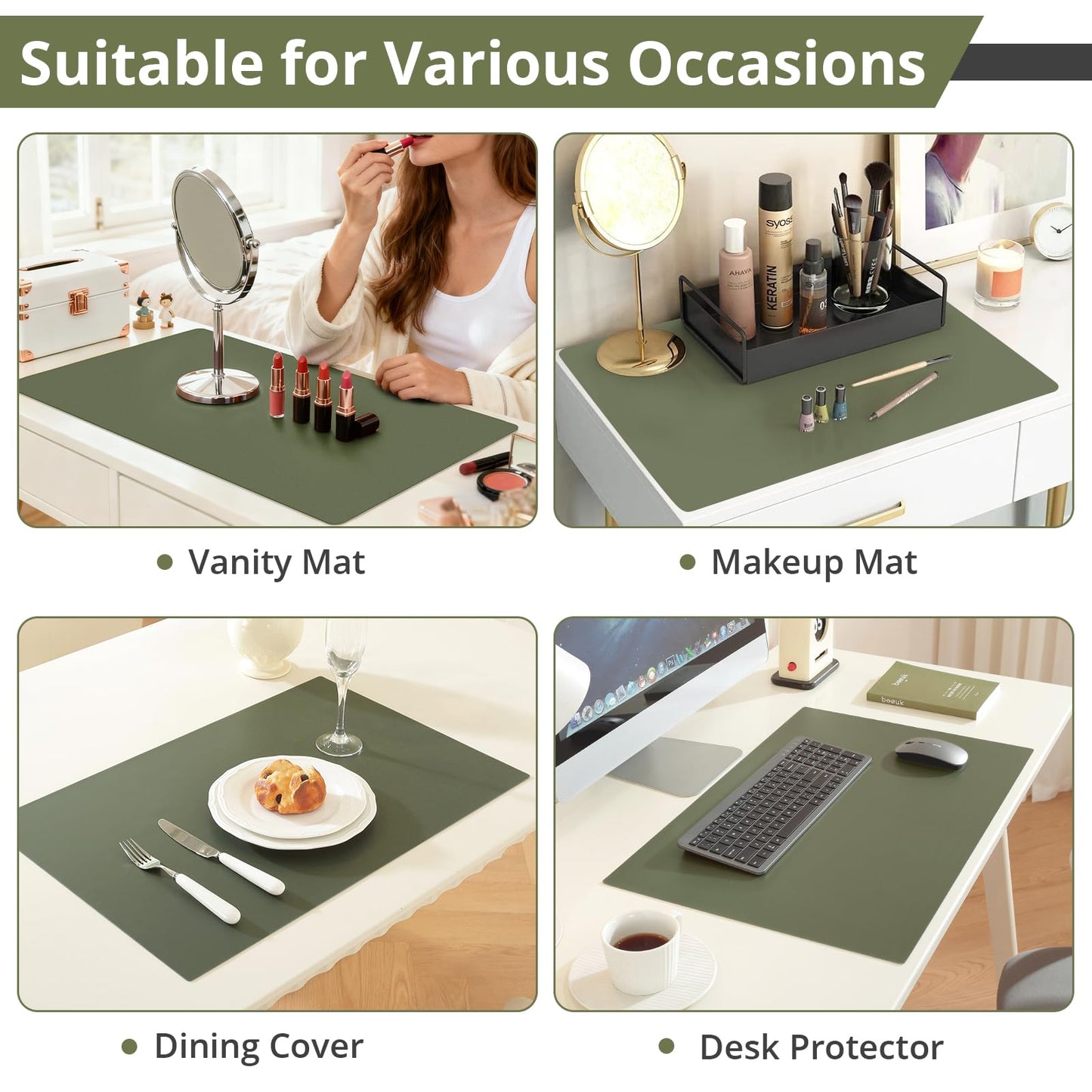 LovePads Makeup Mat for Vanity, 14 x 24 Dual-Sided Desk Pad & Vanity Cover Top, Waterproof PVC Protector Mat for Dresser, Nail Art, Craft Table (Green+Grey)