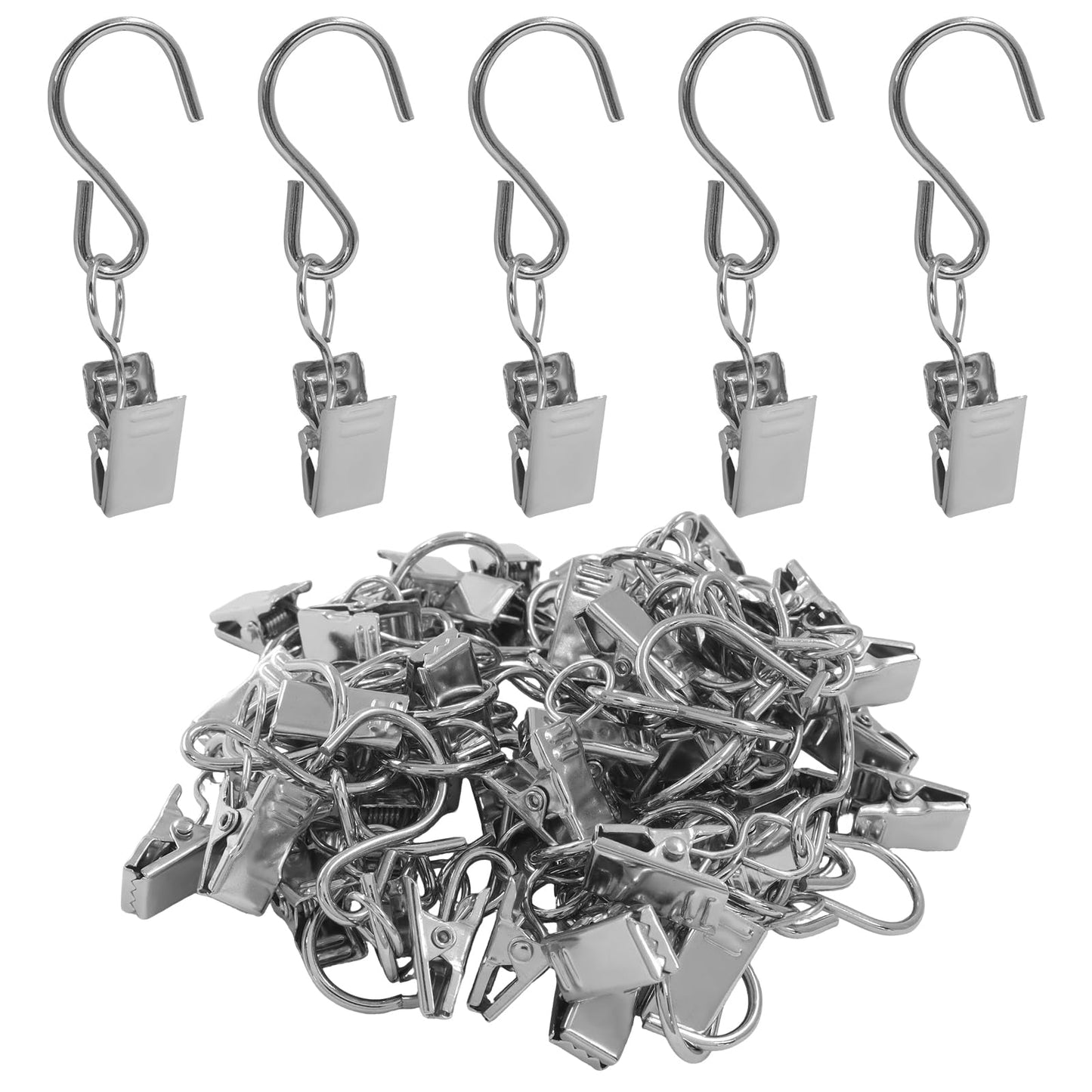 PHITUODA 50 Pack Stainless Steel S Hooks Curtain Clips, Hanging Hangers Party Lights Clips, 2.4 Inch Silver Art Craft Display for Home Decor/Party Planners/Garden