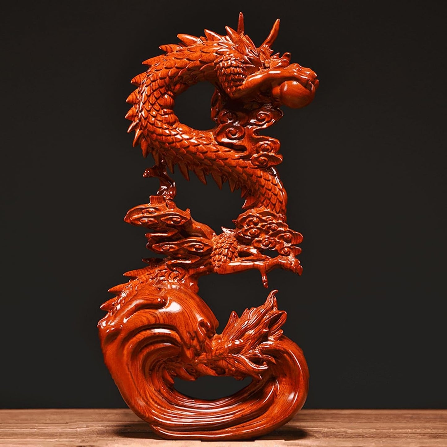Otjidku Feng Shui Dragon Statue- Chinese Dragon on Wood Sculpture Figurine Ornament Attract Wealth and Good Luck Office Home Decor (Red) (7 Inch)