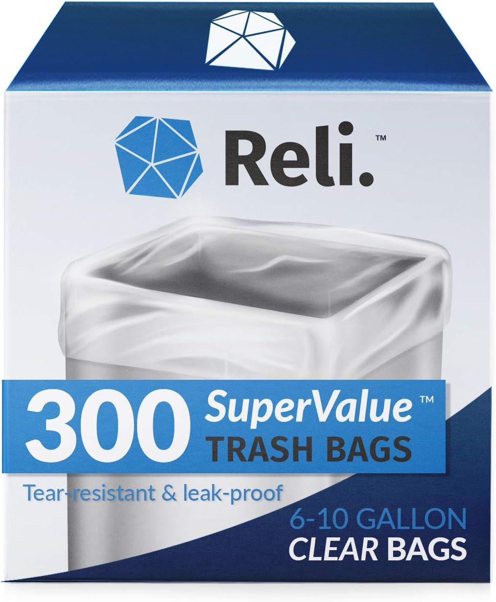 Reli. 6-10 Gallon Trash Bags - 300 Strong Clear Garbage Bags for Bathroom Use