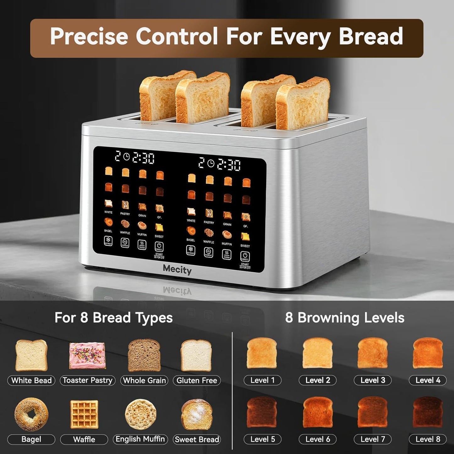 Mecity 4-Slice Toaster - Smart Touch Screen, Dual Control, Auto Shut Off | Perfect for Bagels & Gluten-Free Breads