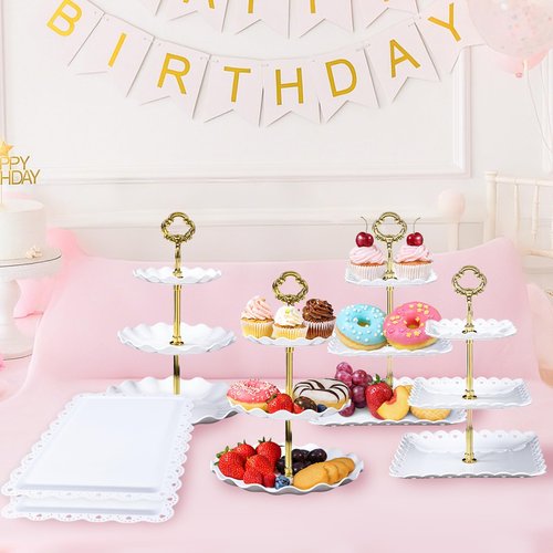 Frigg Dessert Table Display Set,10Pcs Cake Stand,4 Pcs 3 tiered Cupcake Stands and 6 Pcs Dessert Trays serving trays for Party Baby Shower Wedding Tea Party Decorations