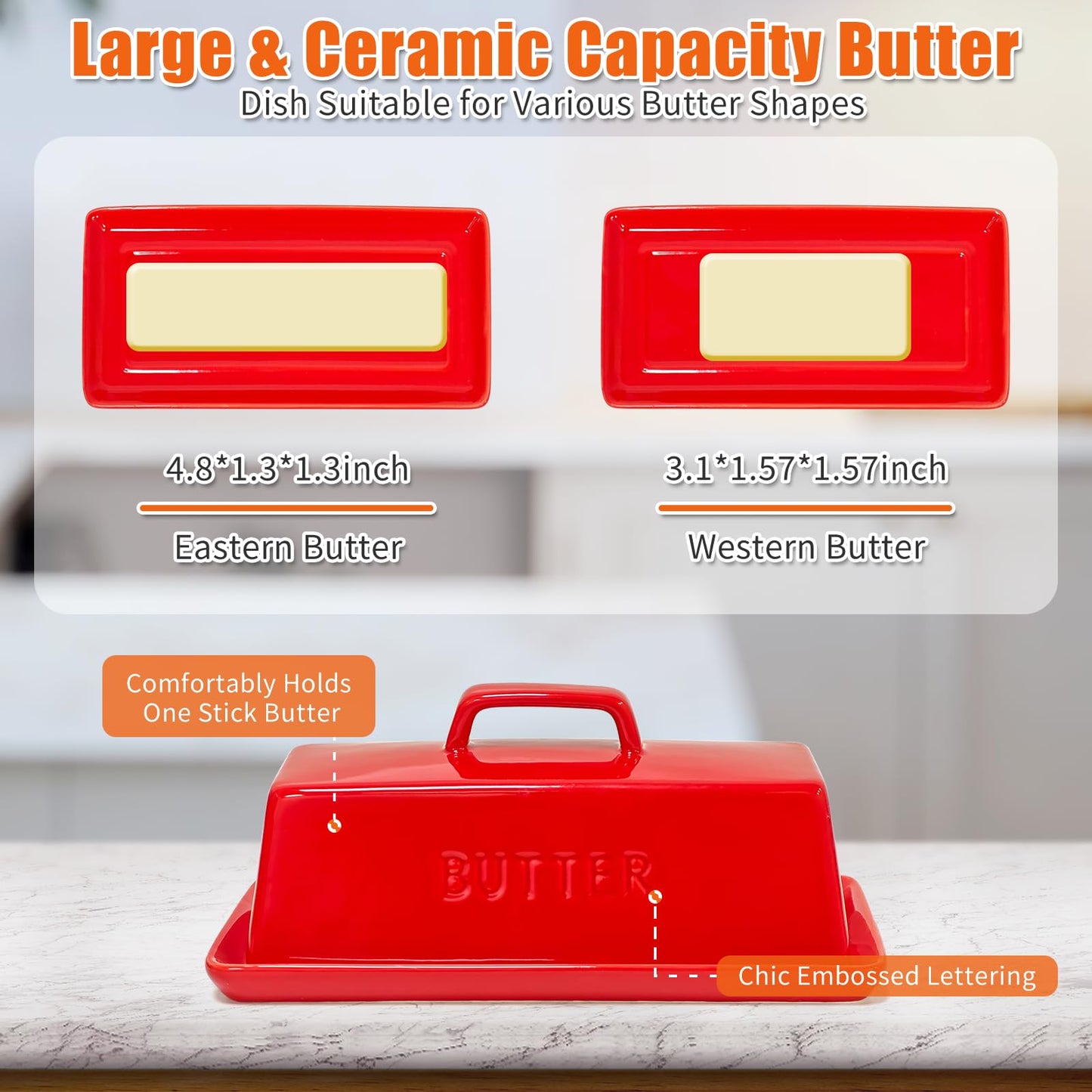 Gute Butter Dish with Lid for Countertop, Covered Ceramic Butter Dish, Butter Tray Storage for 1 Stick of Butter, Butter Keeper Container with Handle for Kitchen, Red