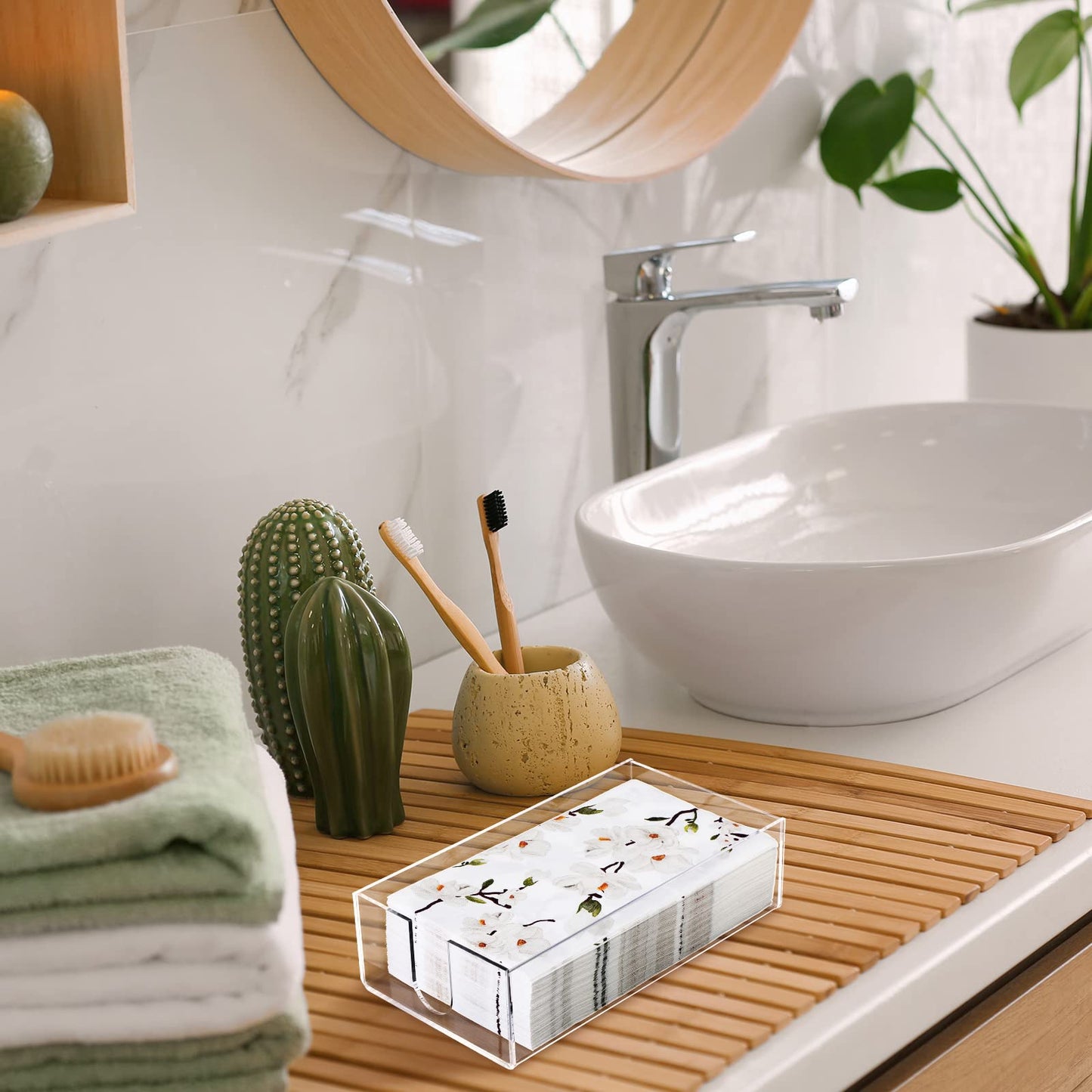 Outus 100 Pcs Floral White Magnolia Paper Guest Towels 2 Ply with Acrylic Napkin Holder, Disposable Decorative Paper Towels 4.3 x 7.8 Inches Hand Napkins with Tray for Bathroom Powder Room