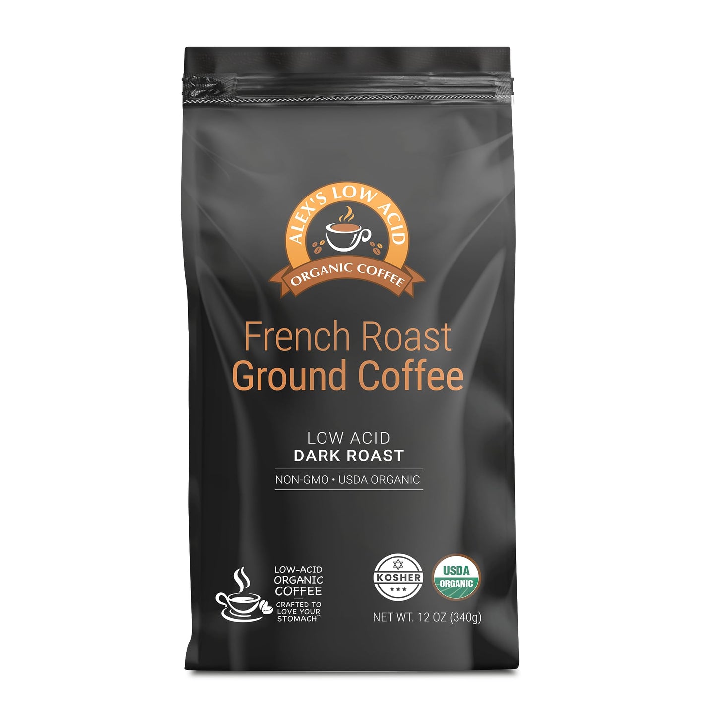 Alex's Low Acid Organic Coffee 12oz Bag - Fresh Ground French Roast (Pack of 1)