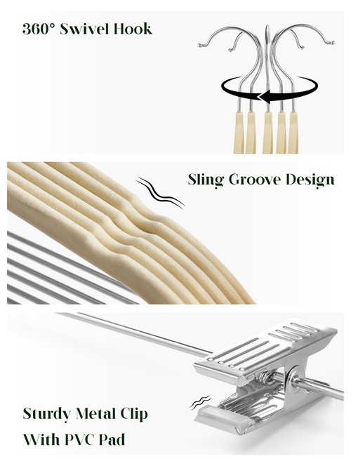 Cozymood Velvet Skirt Hangers 36 Packs Ultra Thin Hangers with Clips Non Slip Velvet Pant Hanger Space Saving Clothes Hanger with Clips for Pants, Skirts, Jeans, Shorts (Beige)