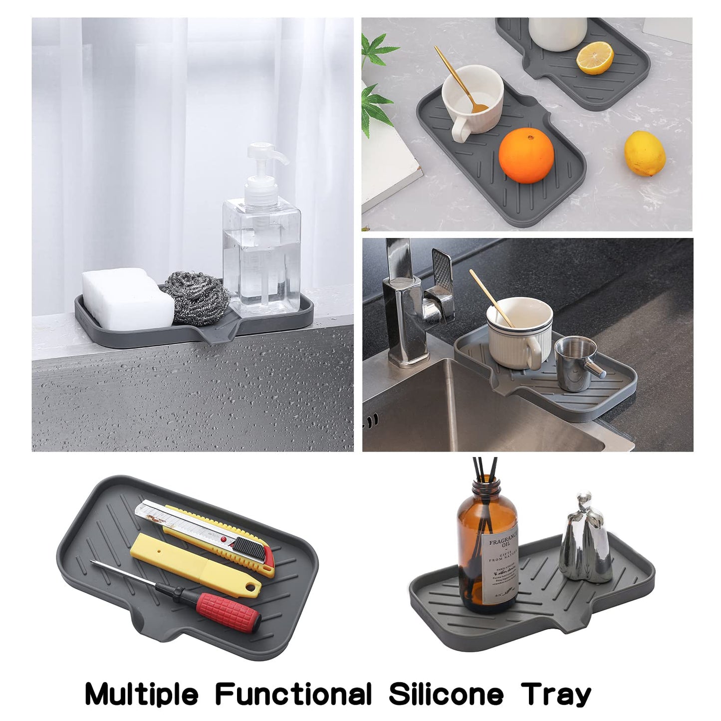 MicoYang Silicone Bathroom Soap Dishes with Drain Spout-Bathroom and Kitchen Sink Organizer,Sponge Holder,Dish Soap Tray,Perfect for Dispenser,Scrubber,Bottle,Cup on Sink or Counter-Grey 9.6"×5.3"