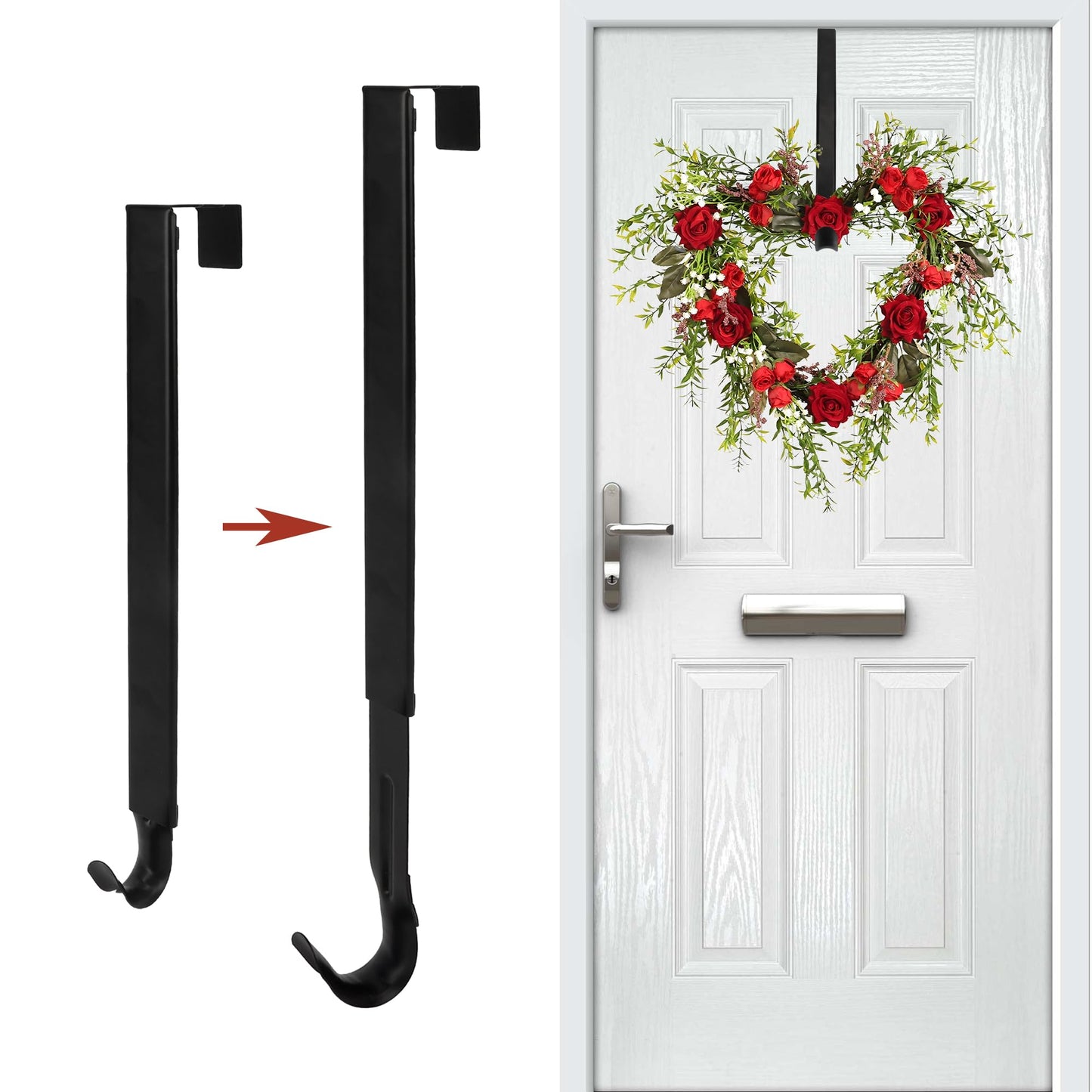 Wreath Door Hanger, Black Wreath Hanger for Front Door, Adjustable Wreath Hanger from 15 to 25 Inches Wreath Hangers, Metal Doors Wreath Hangers for Christmas, Spring, Easter Decorations Wreaths