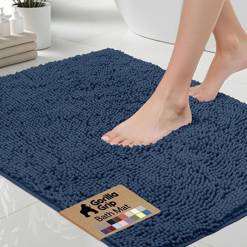GORILLA GRIP Bath Rug Mat - Soft Absorbent Chenille | Quick Dry Microfiber, 48x17, Navy