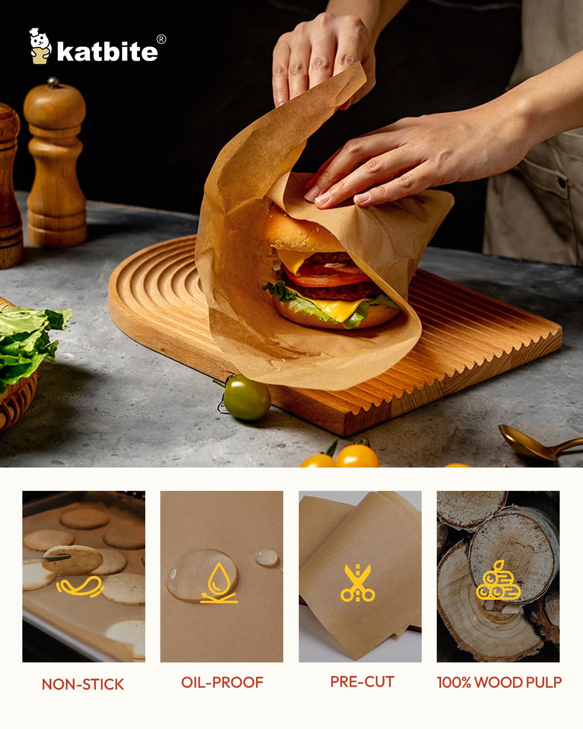 Katbite 75Pcs Unbleached Parchment Paper Sheets 12x16IN, Pre-Cut Heavy Duty Parchment Baking Paper, Non-Stick Half Sheet Brown Baking Parchment Paper for Air Fryer, Baking Cookie [Extra Strong Series]