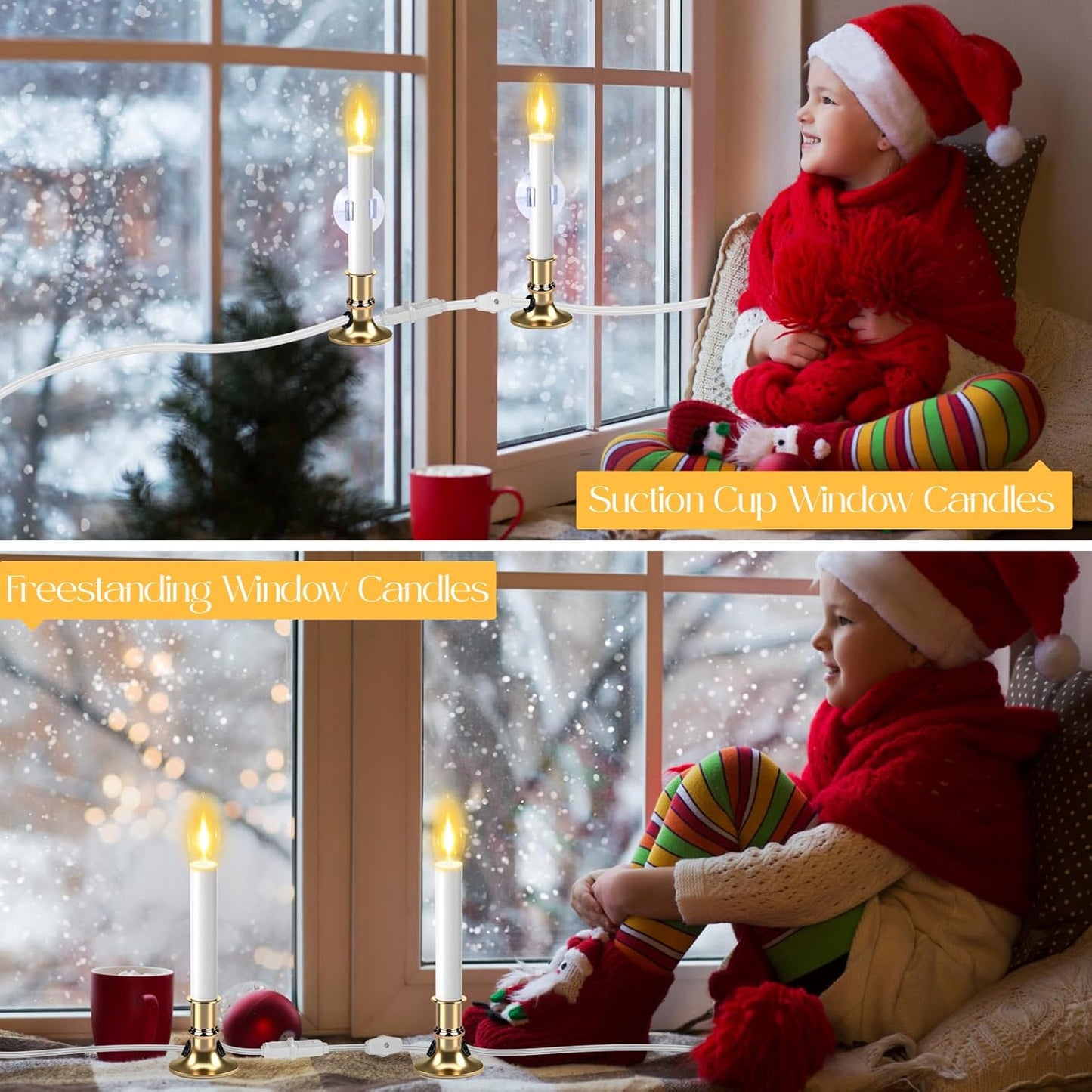 Skiennix Christmas Electric Window Candle Lights - 2 Pack with Gold Base & 6FT Cord | Clear Bulb & Suction Cups