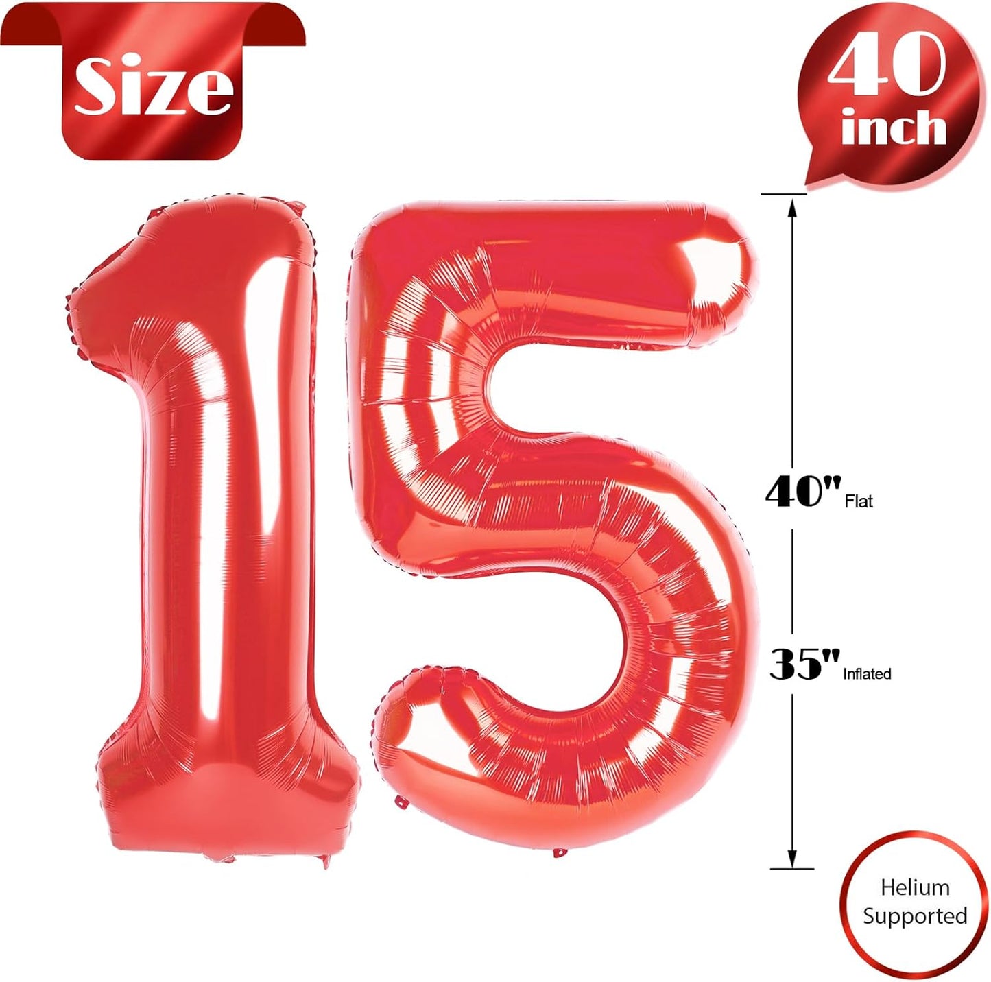 Red Number 15 Balloon - 40 Inch Birthday Decoration for 15th Birthday Party Supplies