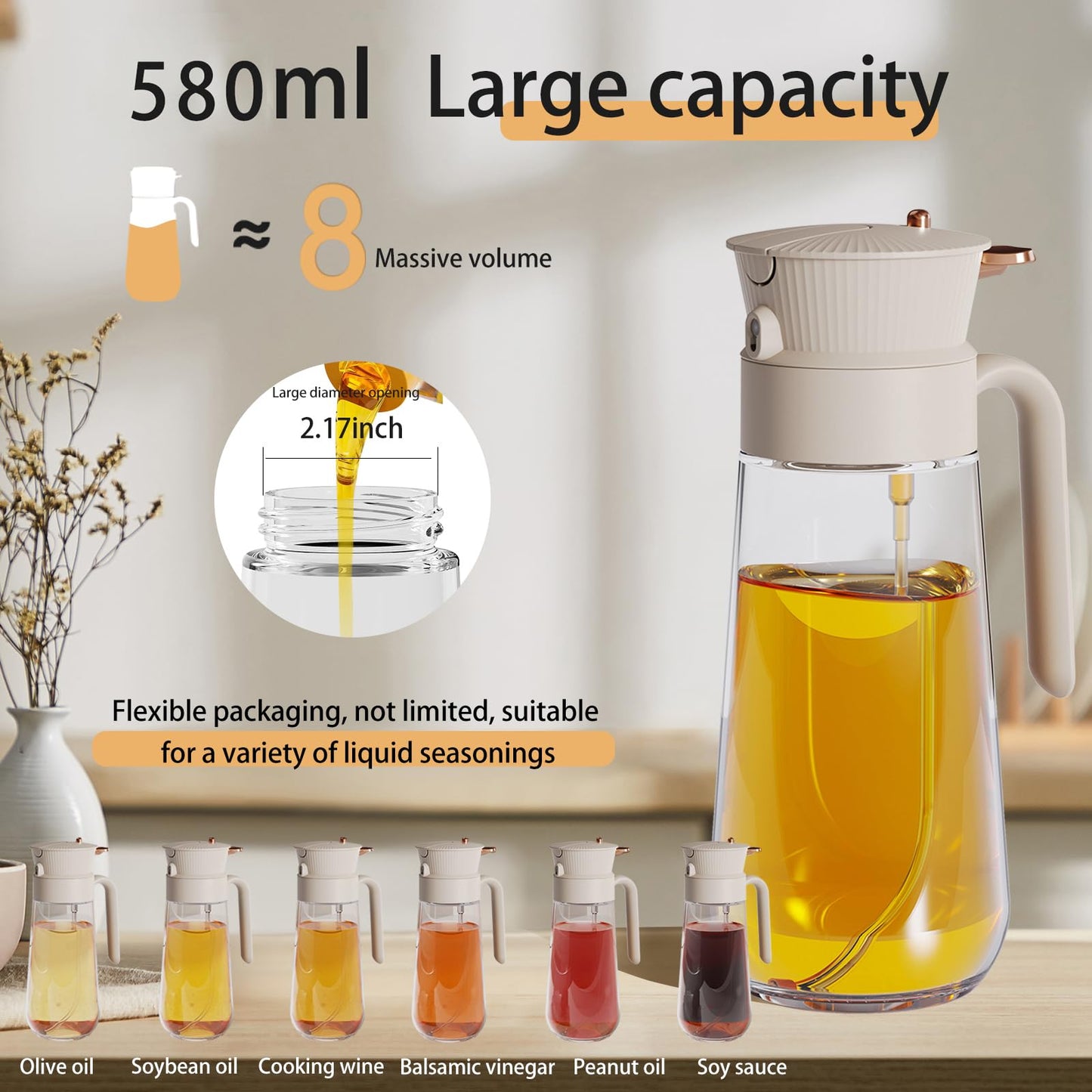 2026 New 19.6oz/580ml Olive Oil Sprayer for Cooking, Leak Glass Olive Oil Dispenser Bottle, 2 in 1 Oil Dispenser and Oil Sprayer, Switch Between Mist & Precision Pour for Air Fryer, BBQ, Salad,Baking