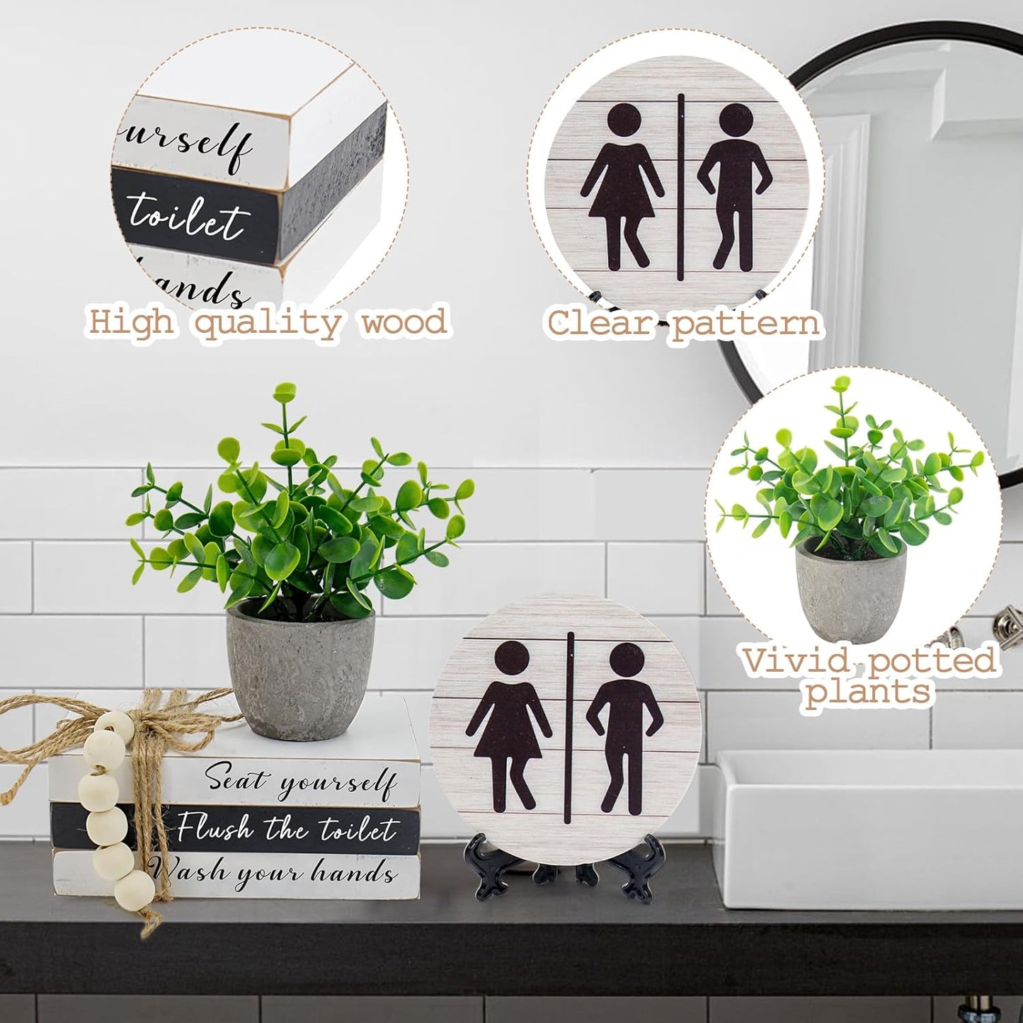 Skiennix Bathroom Shelf Decor - Funny Wooden Signs with 3D Round Design & Fake Plants | Restroom Shelf Accent