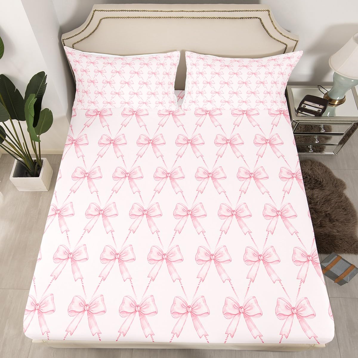 jejeloiu Bow Sheet Set King Size Pink Girls Bow Bed Sheets Set Boys Girls Cute Bowknot Sheets with Deep Pocket Fitted Sheet for Kids Women Men Kawaii Bedding Set