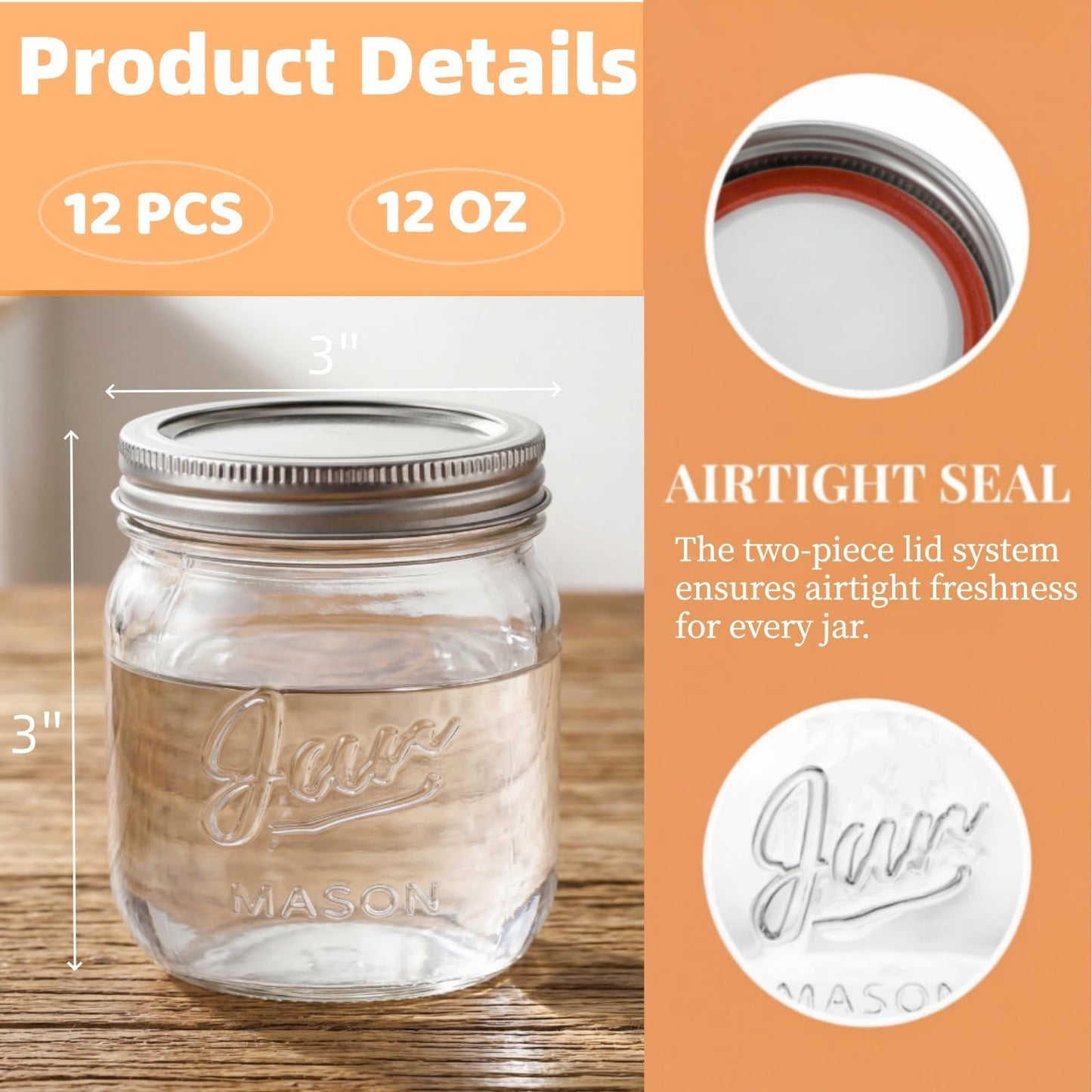 Lyellfe 12 Pack Wide Mouth Mason Jars, 12 Oz Glass Canning Jars with Airtight Lids, Clear Mason Spice Jars for Jam, Honey, Jelly, Sauces, Yogurt