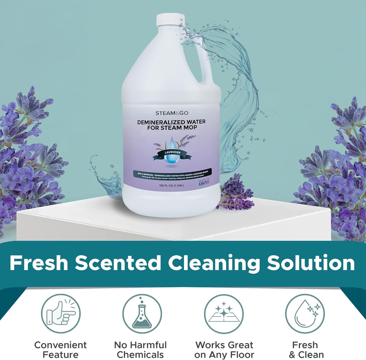 Steam & Go Demineralized Water | PVC-Free Steam Cleaner Solution for All Mops - Lavender Scent, 128 Fl Oz
