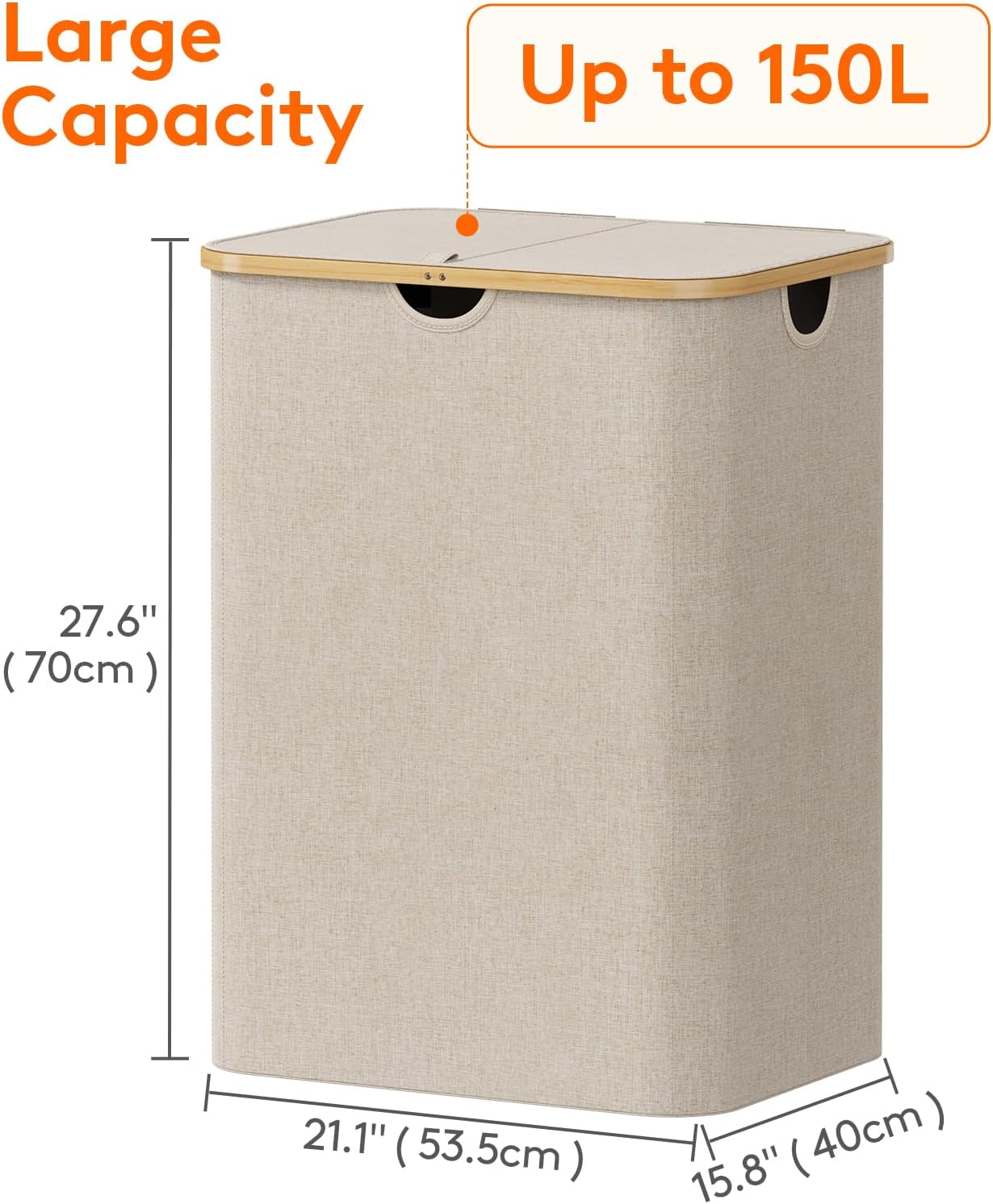 Lifewit 150L Laundry Basket - Foldable Hamper with Lid & Bamboo Handles | Beige, Large Size