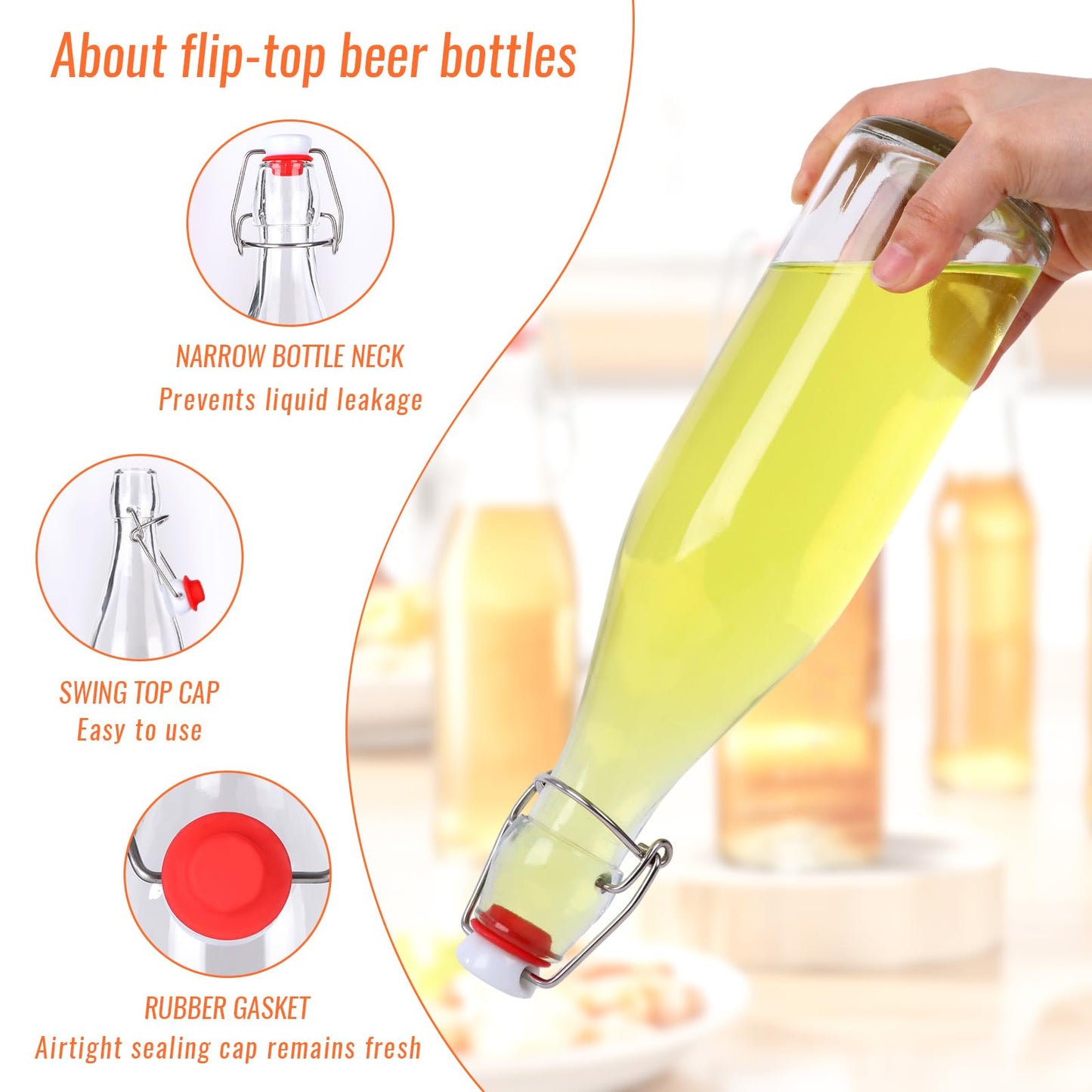 SZUAH 6-Pack 16oz Airtight Swing Top Glass Bottles – Heavy-Duty Reusable Bottles with Stopper for Home Brewing Kombucha, Beer, Vanilla Extract, Craft Sodas & More | Complete Brewing Kit
