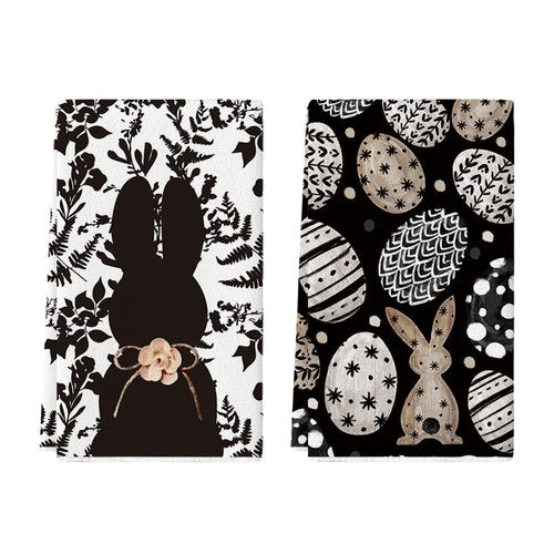 Artoid Mode Black Bunny Eggs Flower Easter Kitchen Towels Dish Towels, 18x26 Inch Spring Farmhouse Leaves Decoration Hand Towels Set of 2