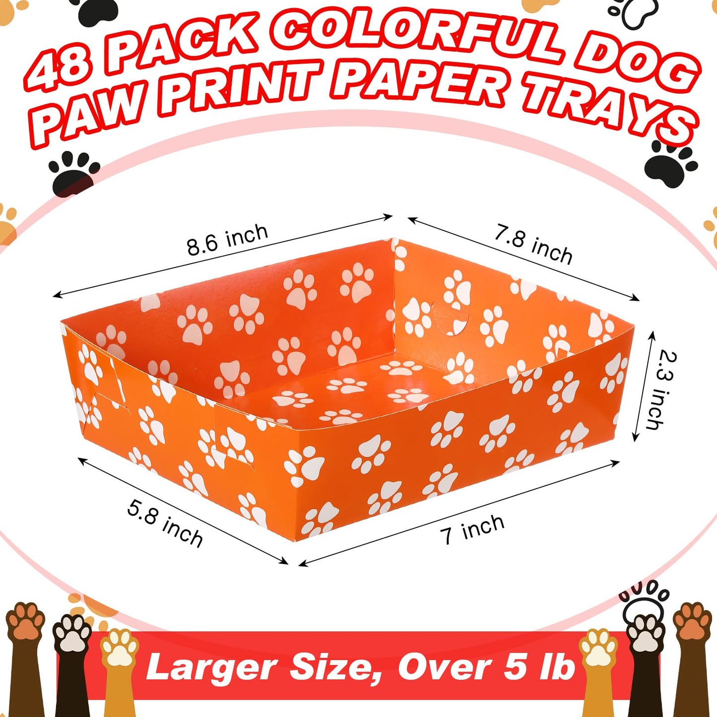 Mifoci 48 Pcs Dog Paw Print Food Trays 5 lb Large Puppy Theme Birthday Party Paper Plates Food Boats Disposable for Snack Burger Fries Party Supplies(Bright Color,Fun Style)